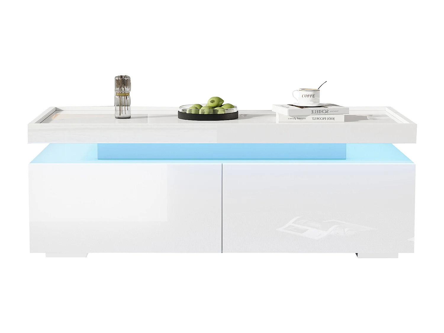 Table basse haute brillance 95x45x35 cm - avec éclairage LED - avec 2 tiroirs - Panneaux de particules - Blanc