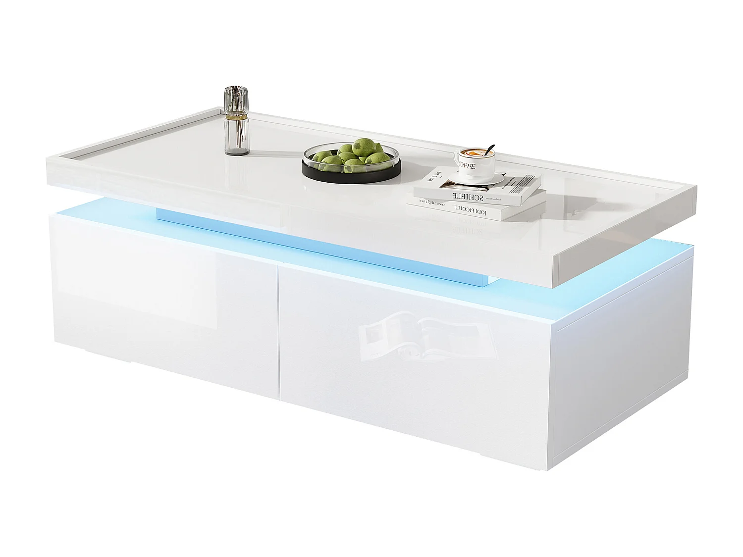 Table basse haute brillance 95x45x35 cm - avec éclairage LED - avec 2 tiroirs - Panneaux de particules - Blanc
