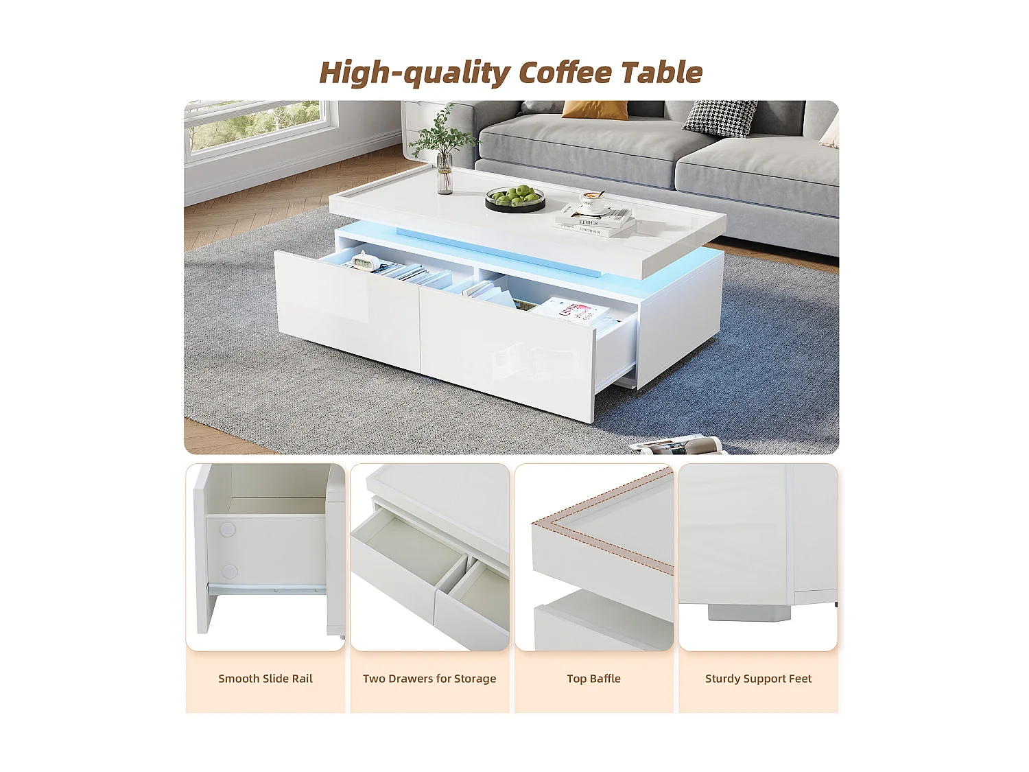 Table basse haute brillance 95x45x35 cm - avec éclairage LED - avec 2 tiroirs - Panneaux de particules - Blanc