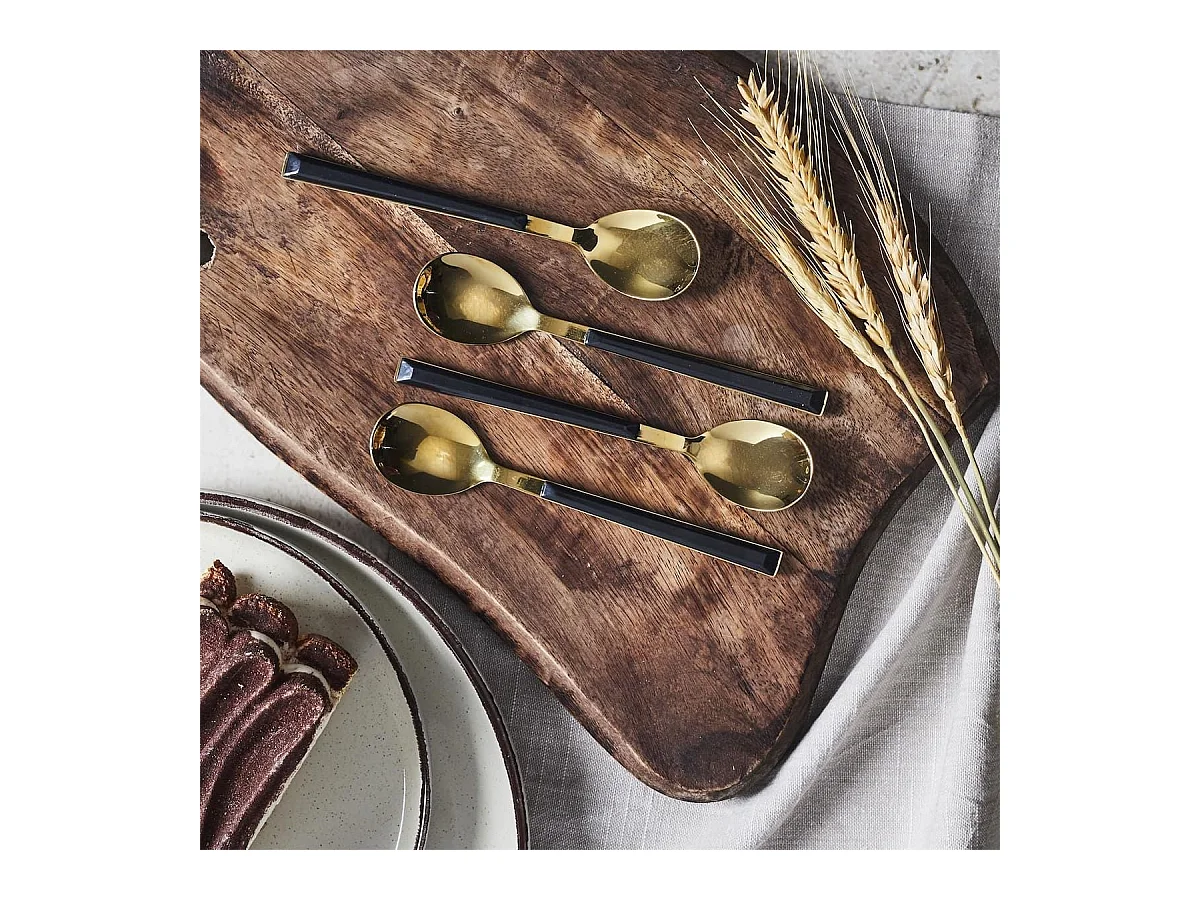 Set 4 cuillères à dessert inox doré manches noirs en plastique