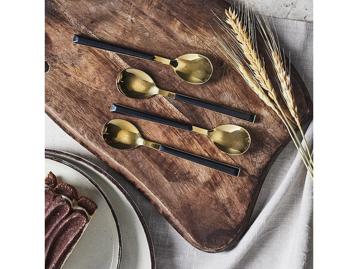 Set 4 cuillères à dessert inox doré manches noirs en plastique