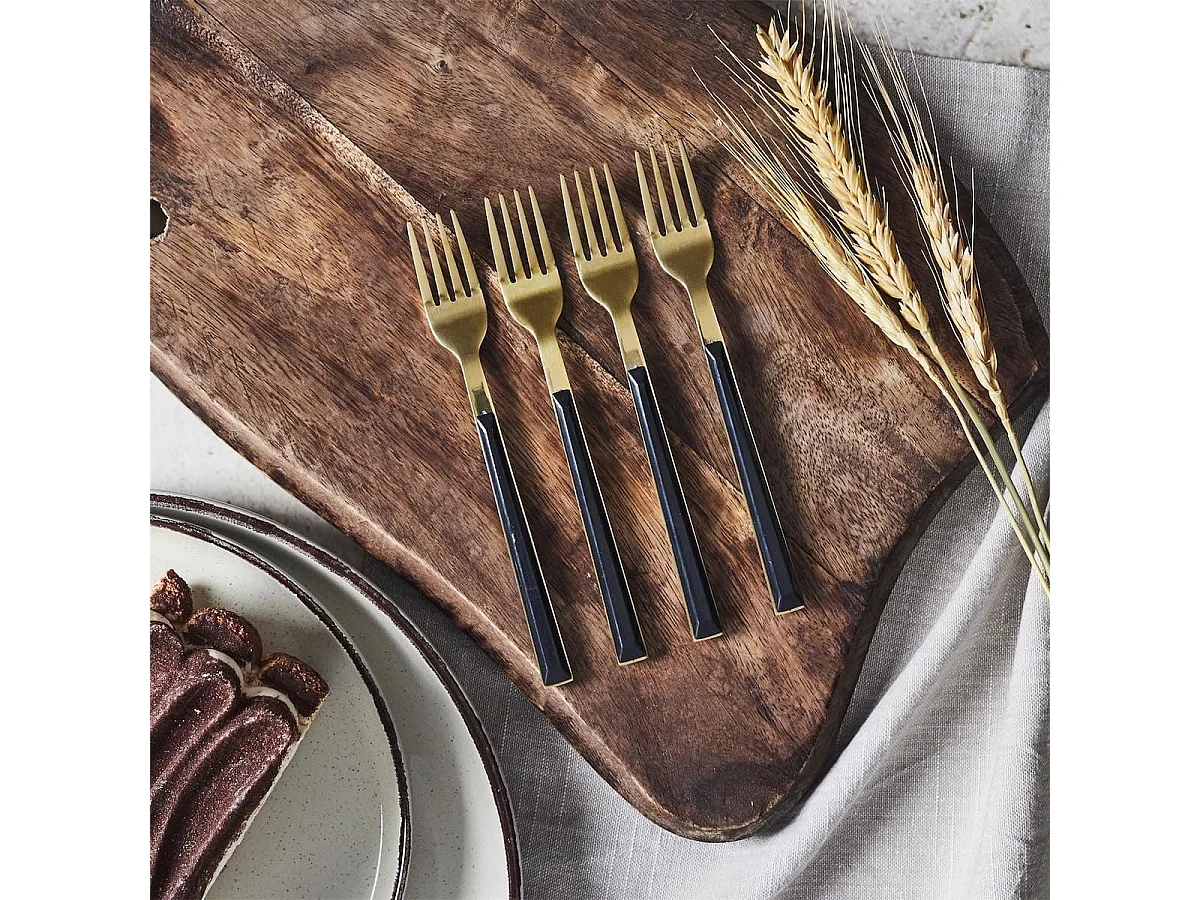 Set 4 fourchettes à dessert inox doré manches noirs en plastique