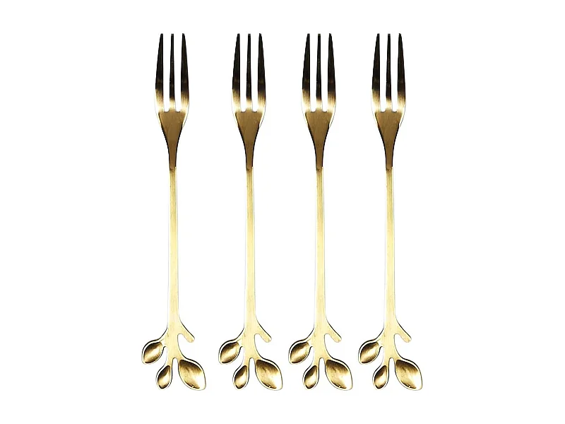 Set de 4 fourchettes à dessert dorées en acier inoxydable style feuilles