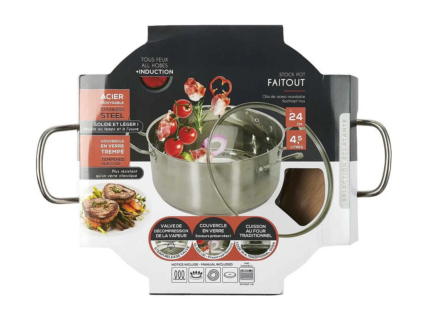 Faitout en Inox avec Couvercle en Verre 24cm - Inox, Tous Feux, Lave-Vaisselle, Cuisson Homogène - TIVON