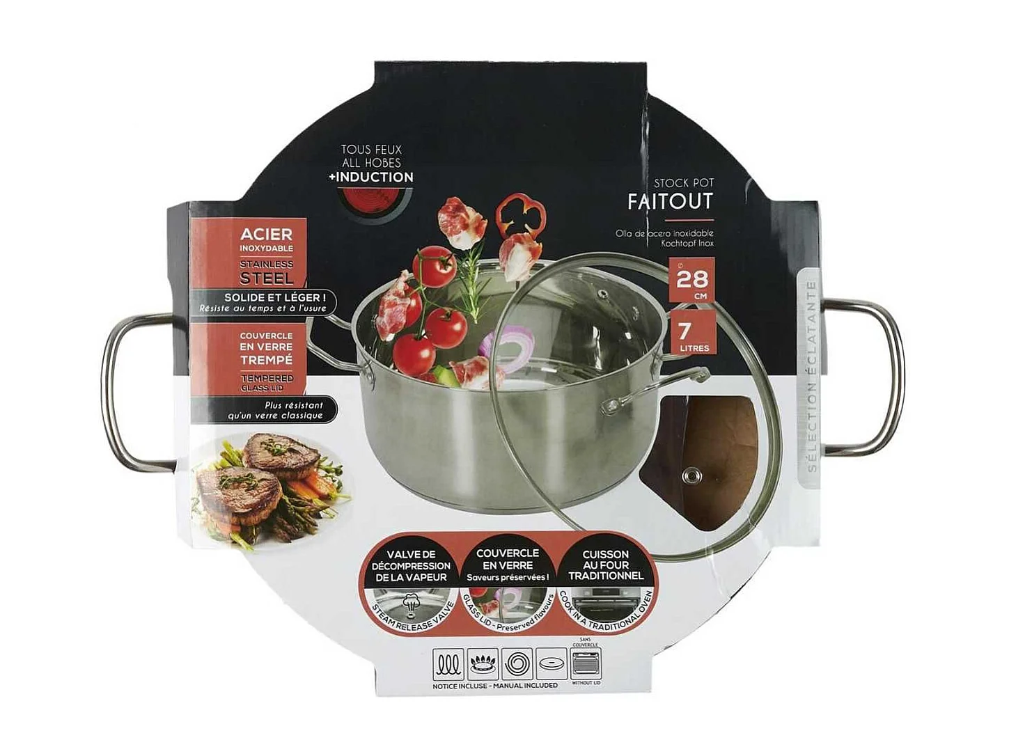 Faitout en Inox avec Couvercle en Verre 28cm Inox, Tous Feux, Lave-Vaisselle, Cuisson Homogène