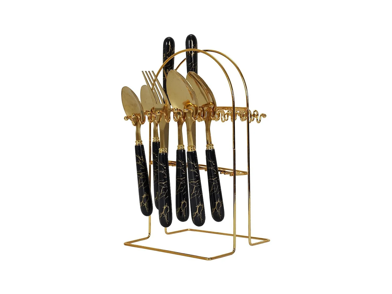 Ménagère 24 pièces en inox doré manches noirs en plastique et support assorti