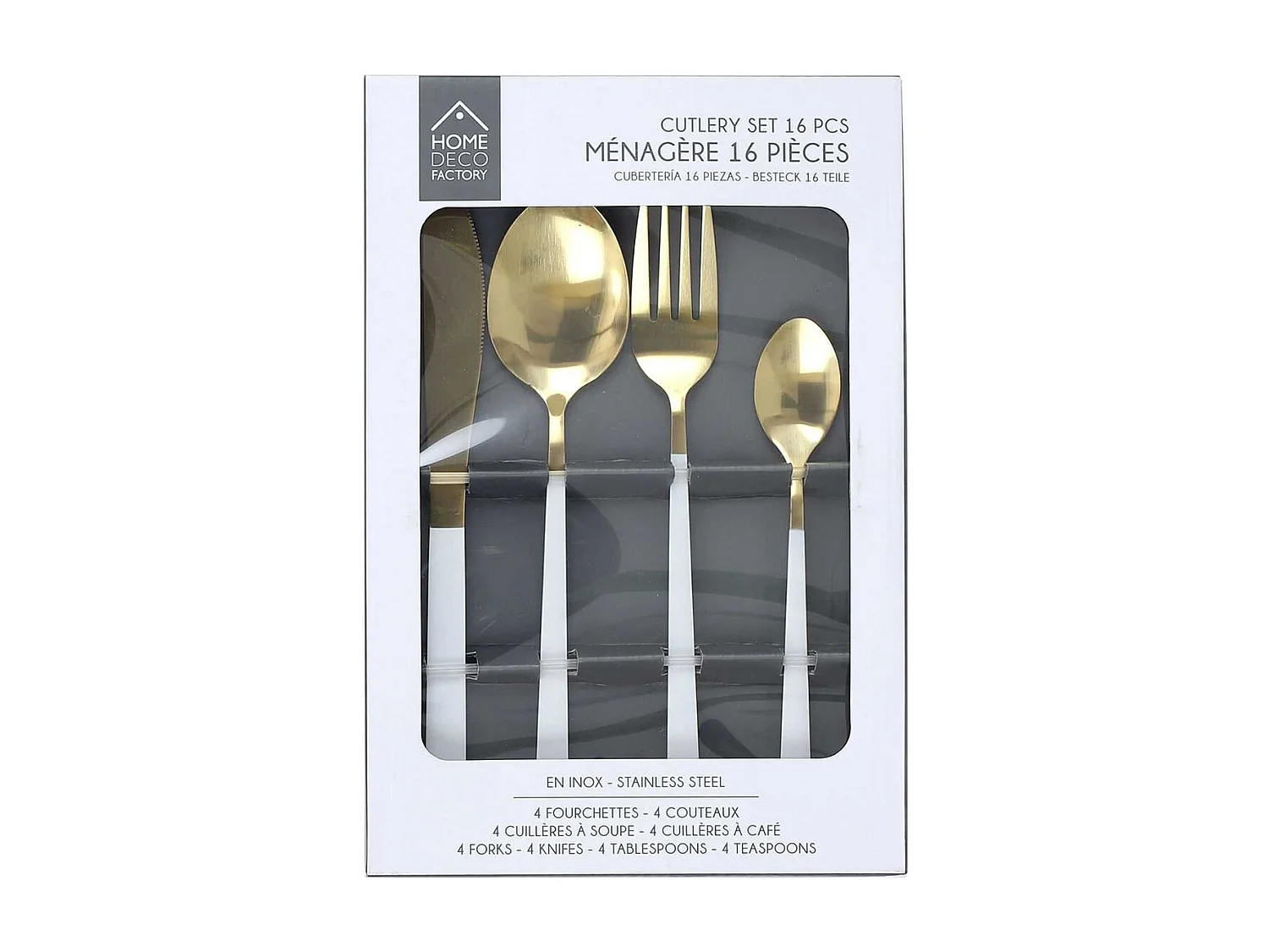 Ménagère 16 Pièces en Inox Or Manche Blanc - NOSTRA