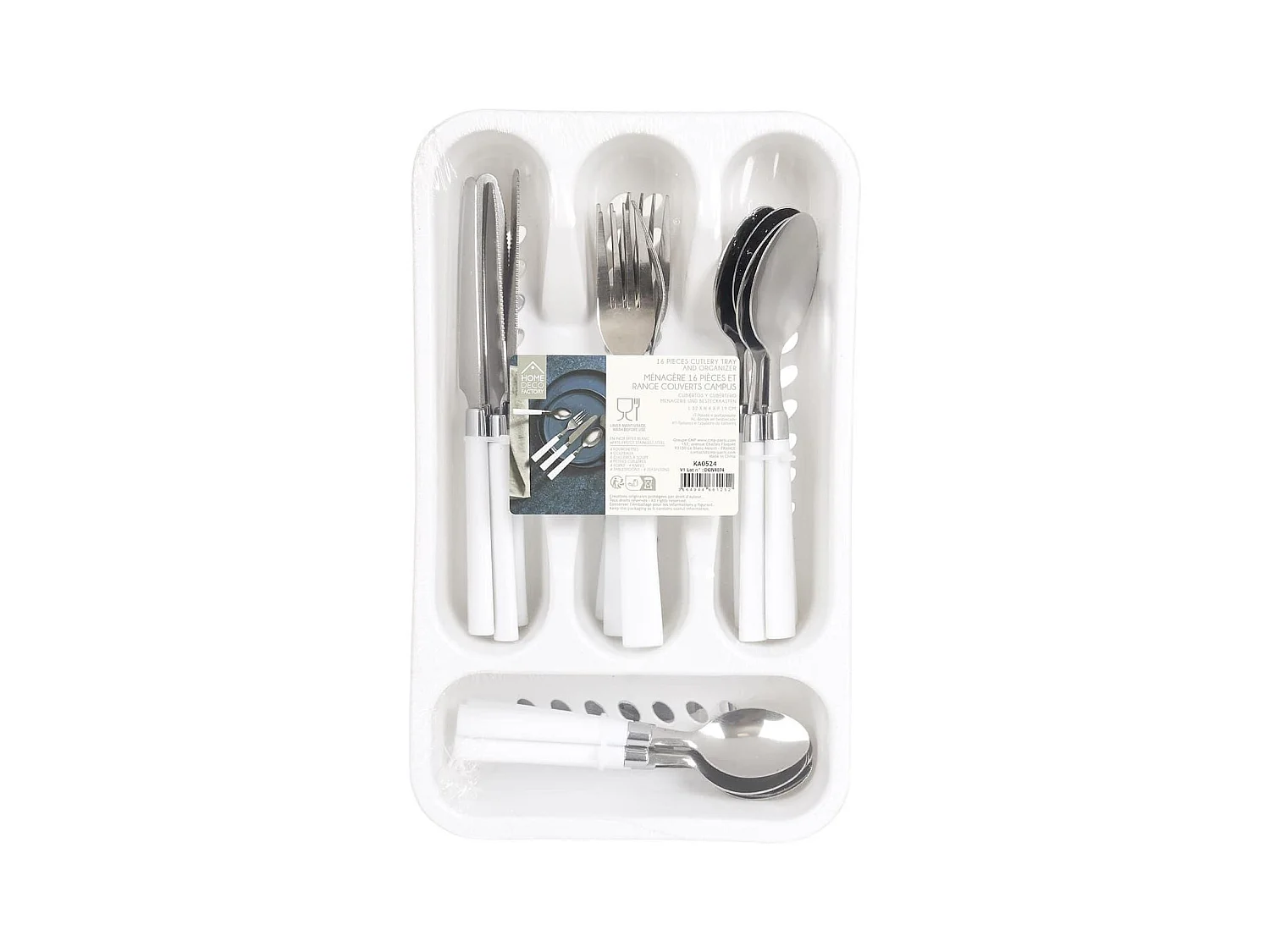 Range ménagère blanc avec 16 pièces en inox manches blanc en plastique