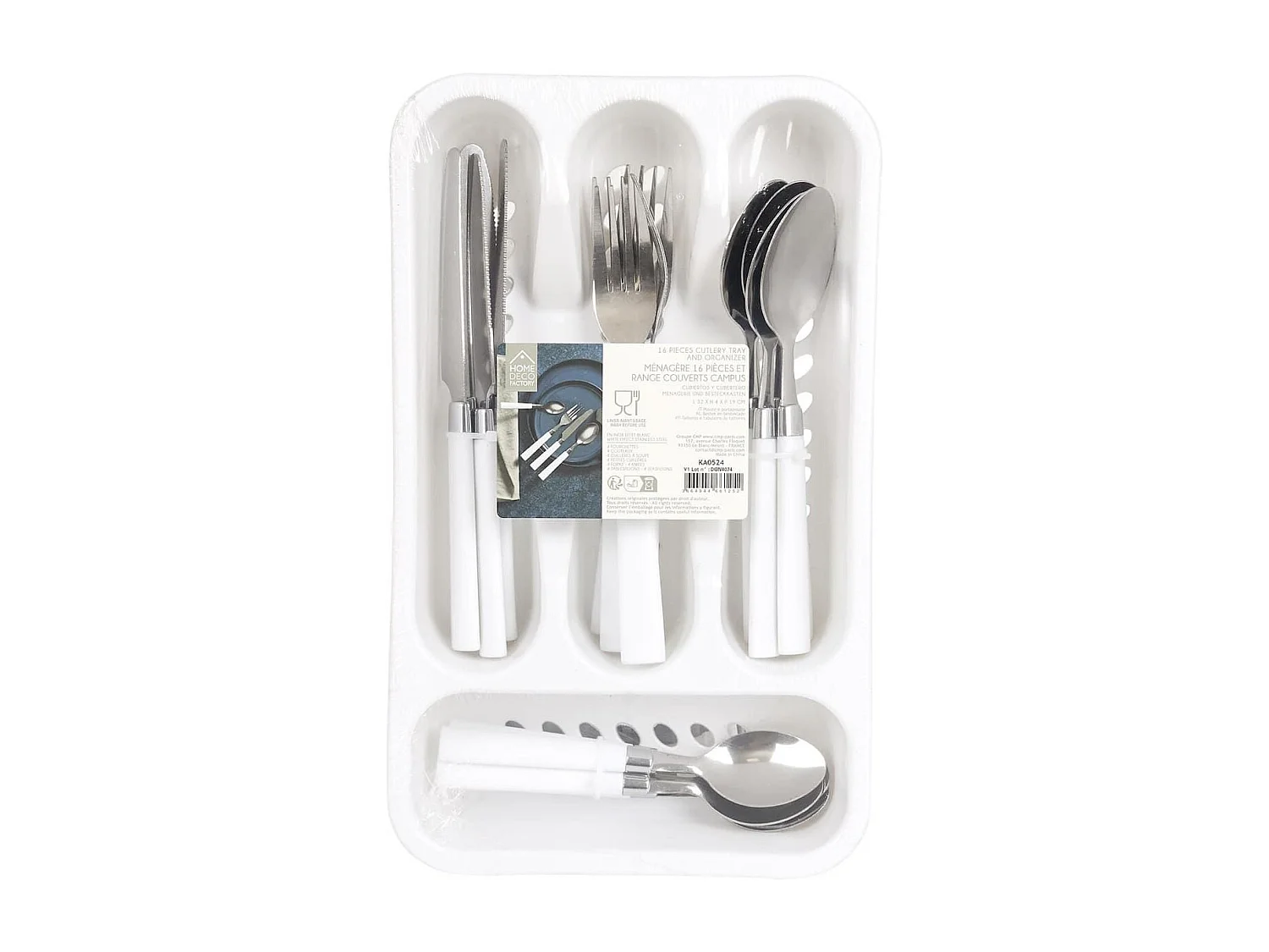 Range ménagère blanc avec 16 pièces en inox manches blanc en plastique