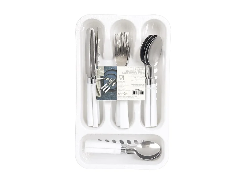 Range ménagère blanc avec 16 pièces en inox manches blanc en plastique