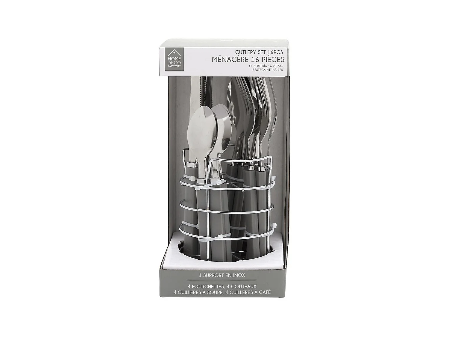 Ménagère 16 pièces en inox avec manches noirs en plastique et support rond