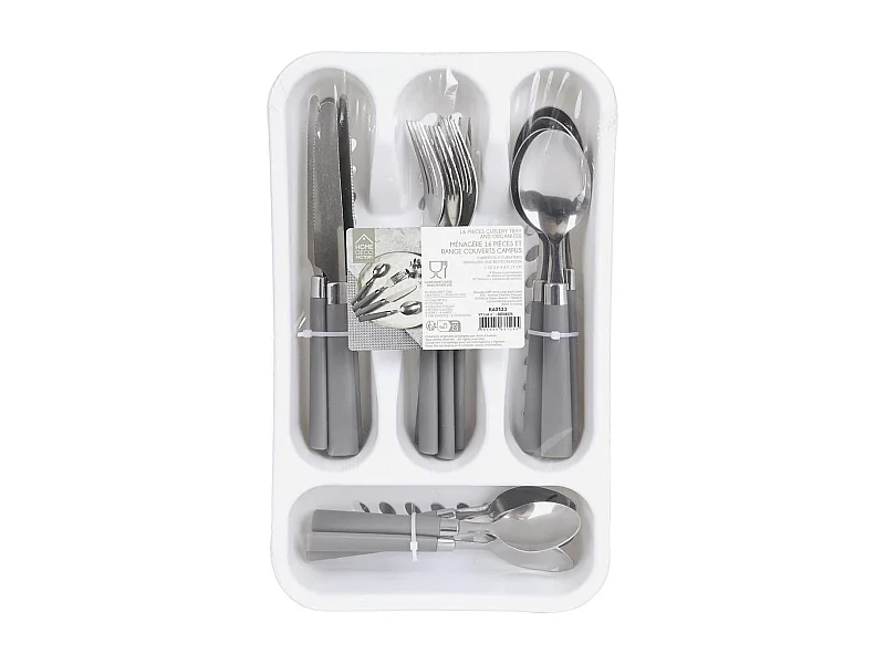 Range ménagère blanc avec 16 pièces en inox manches gris en plastique