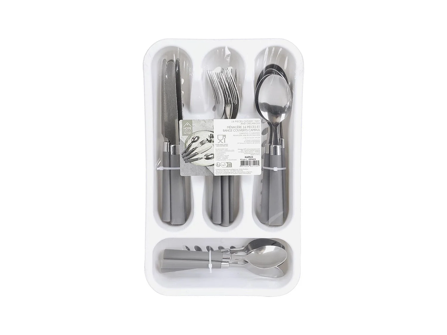 Range ménagère blanc avec 16 pièces en inox manches gris en plastique