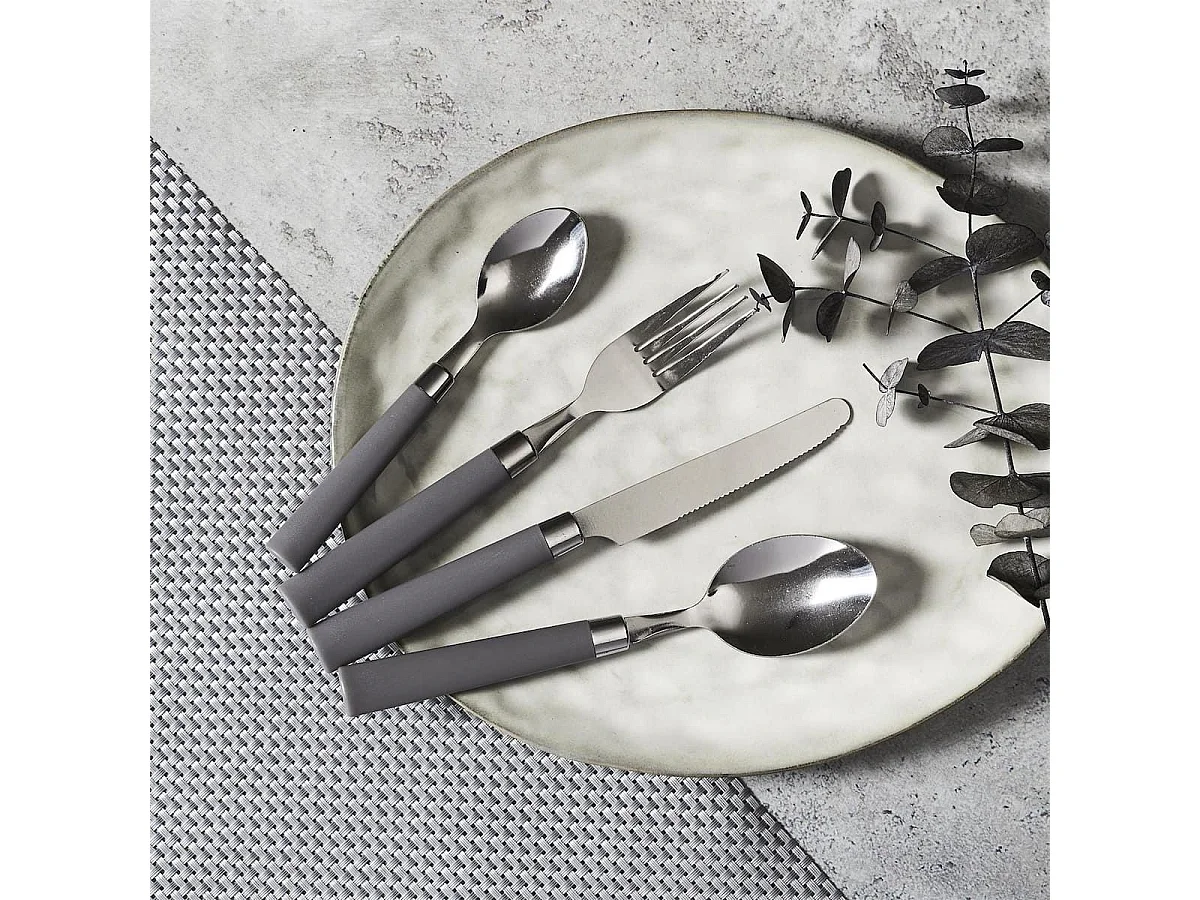 Range ménagère blanc avec 16 pièces en inox manches gris en plastique