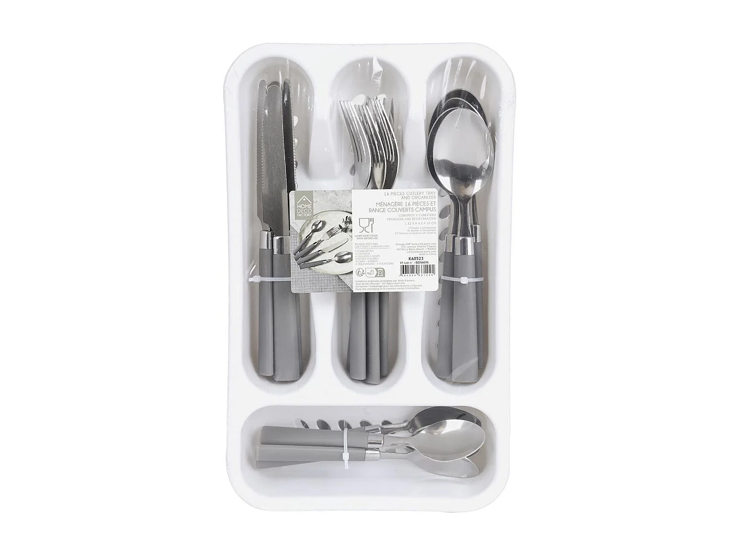 Range ménagère blanc avec 16 pièces en inox manches gris en plastique