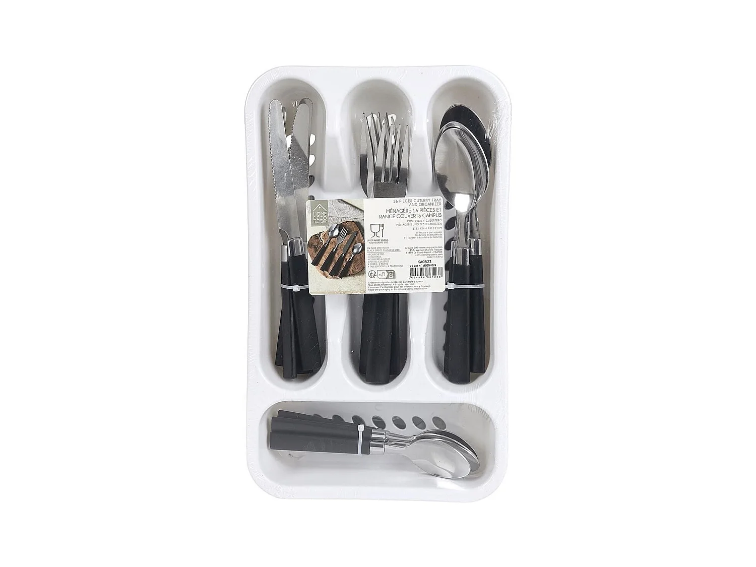Range ménagère blanc avec 16 pièces en inox manches noirs en plastique