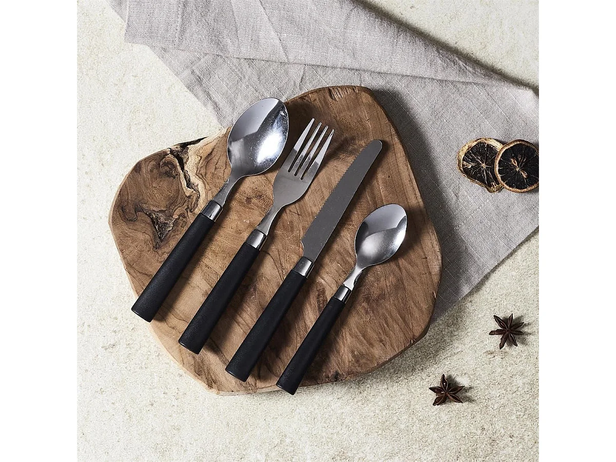 Range ménagère blanc avec 16 pièces en inox manches noirs en plastique