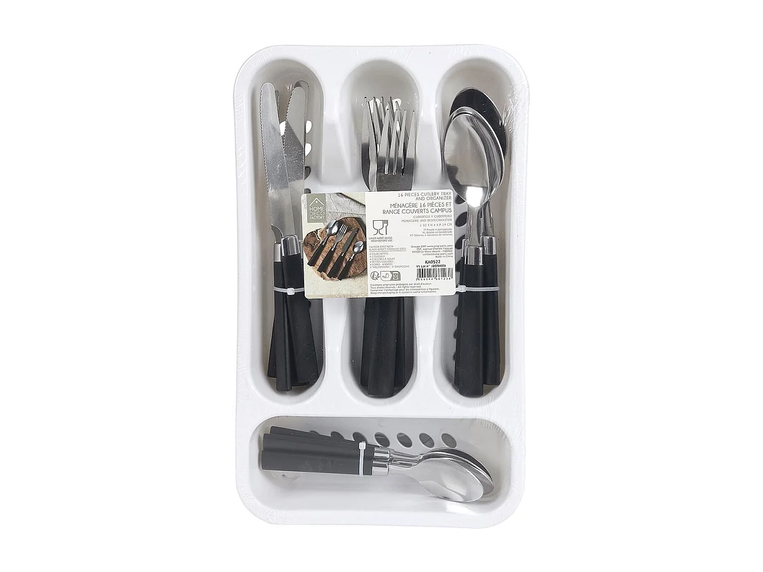 Range ménagère blanc avec 16 pièces en inox manches noirs en plastique