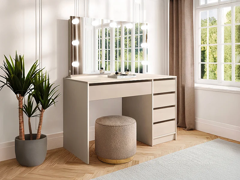 Coiffeuse avec miroir à LEDs - 5 tiroirs – Beige - JENEMI