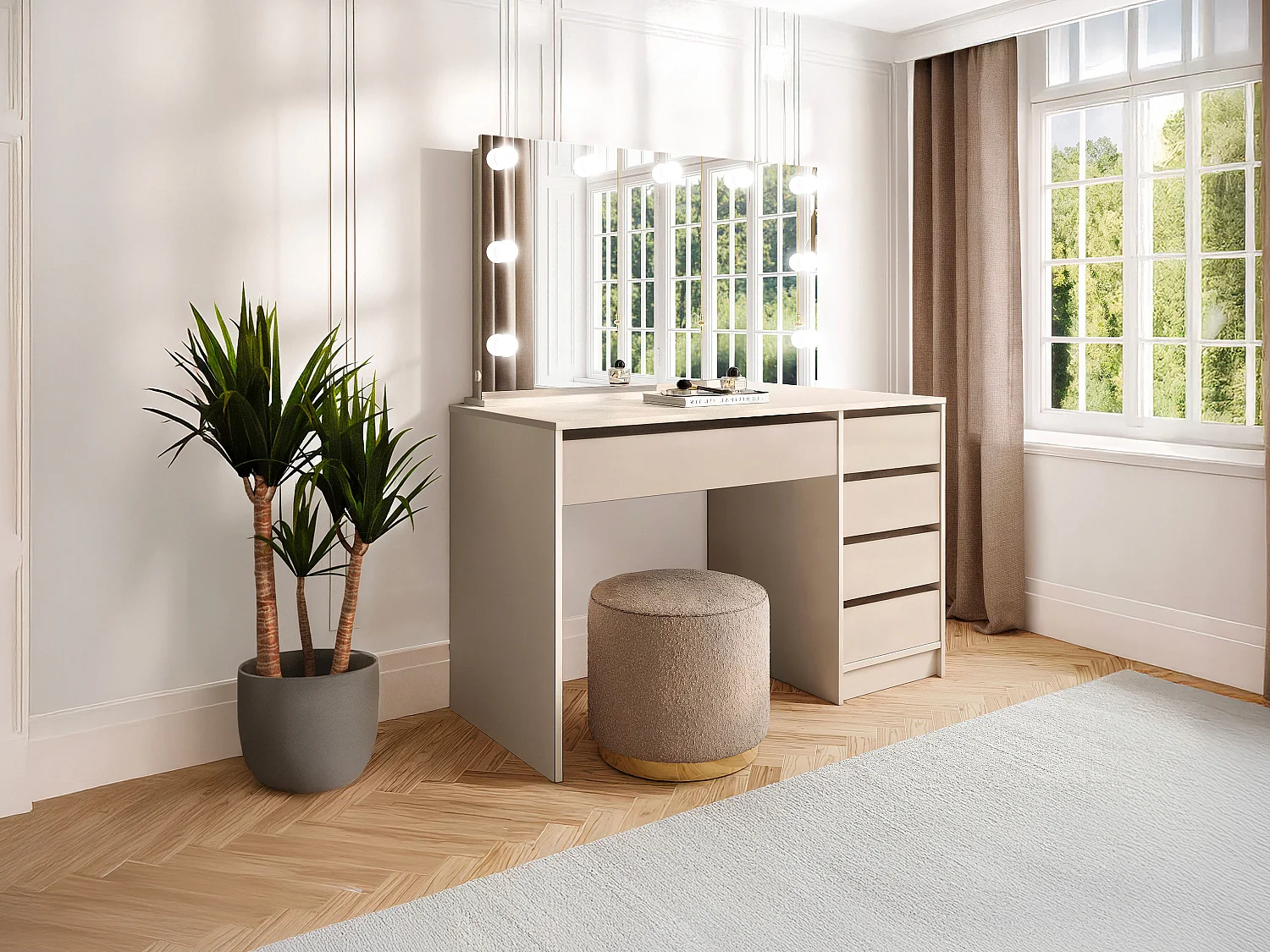 Kaptafel met LED-spiegel - 5 lades - Beige - JENEMI