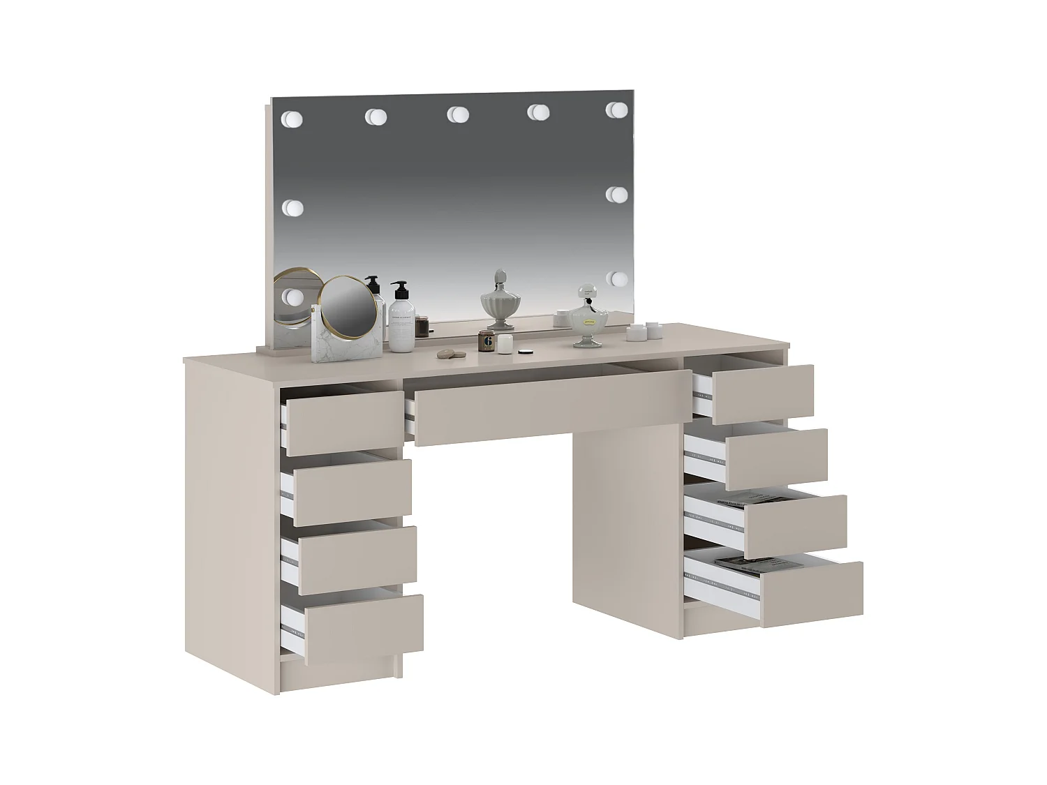 Coiffeuse double avec miroir à LEDs - 9 tiroirs – Beige - JENEMI