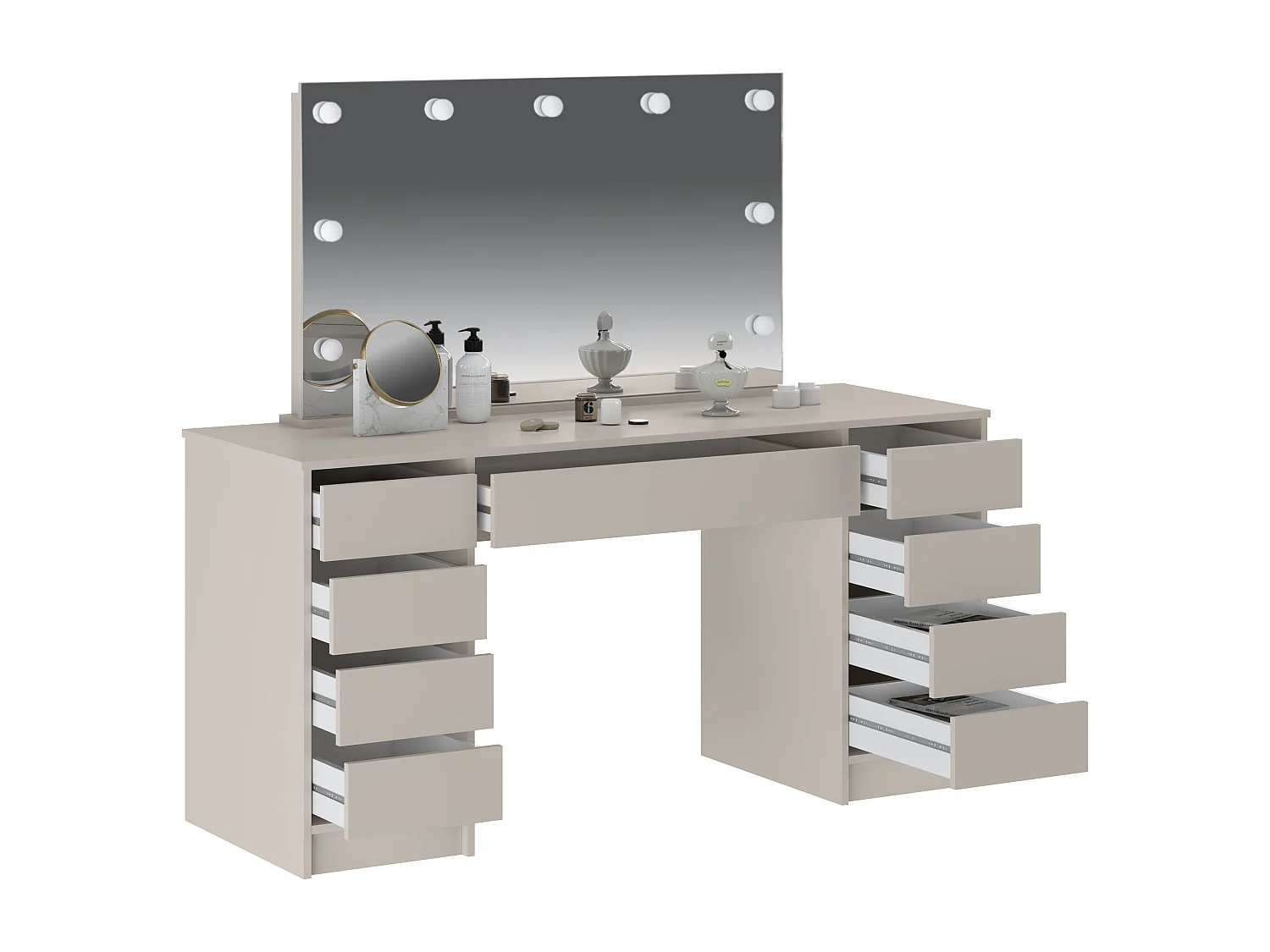 Dubbele kaptafel met LED-spiegel - 9 lades - Beige - JENEMI