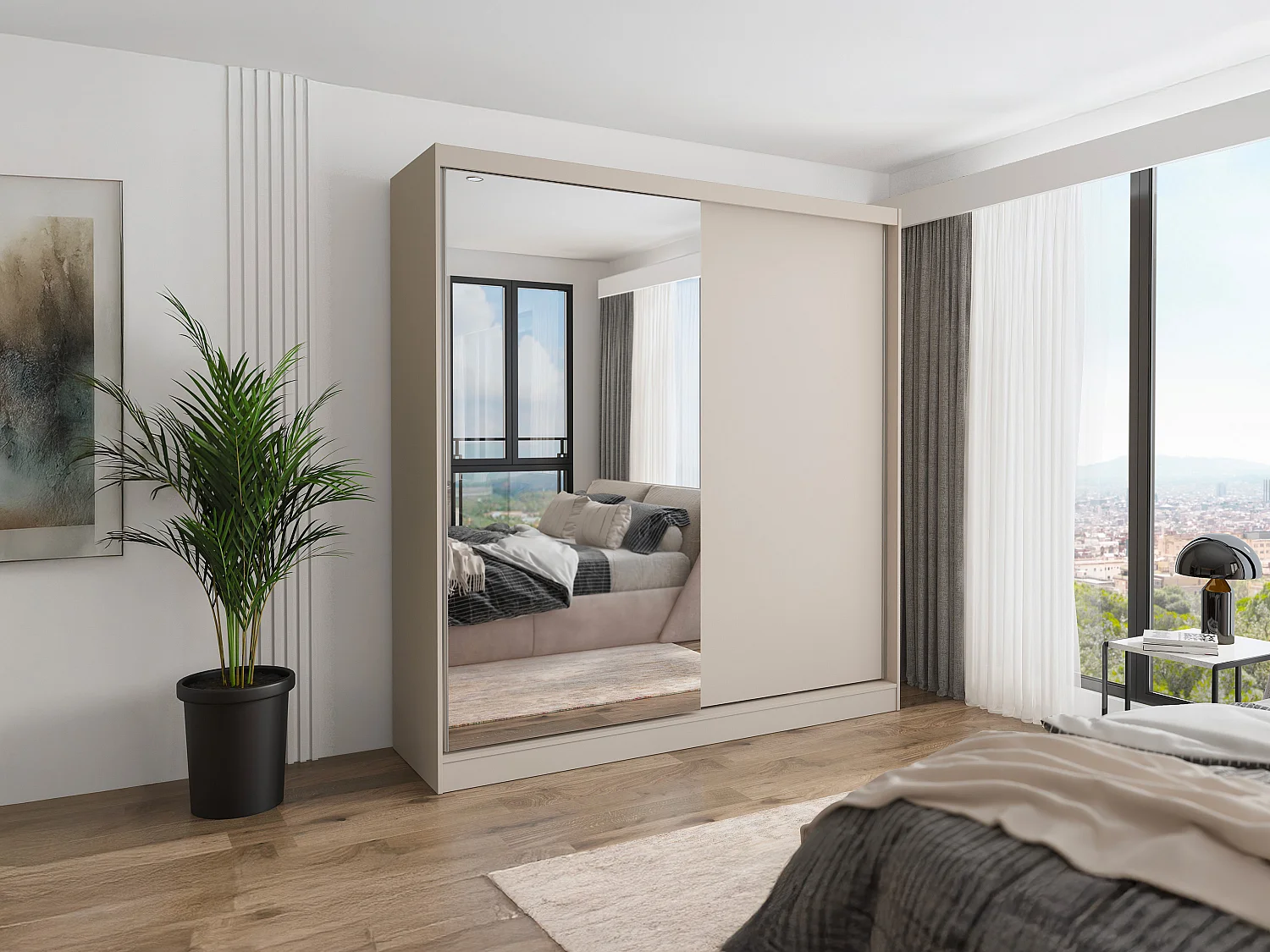 Armoire 2 portes coulissantes – Avec miroir – L200 cm – Beige - OCHIRA