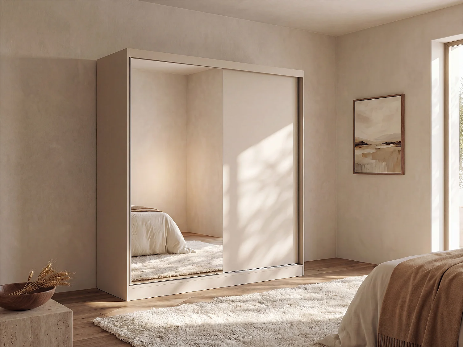 Garderobe med 2 skyvedører – Med speil – L200 cm – Beige - OCHIRA