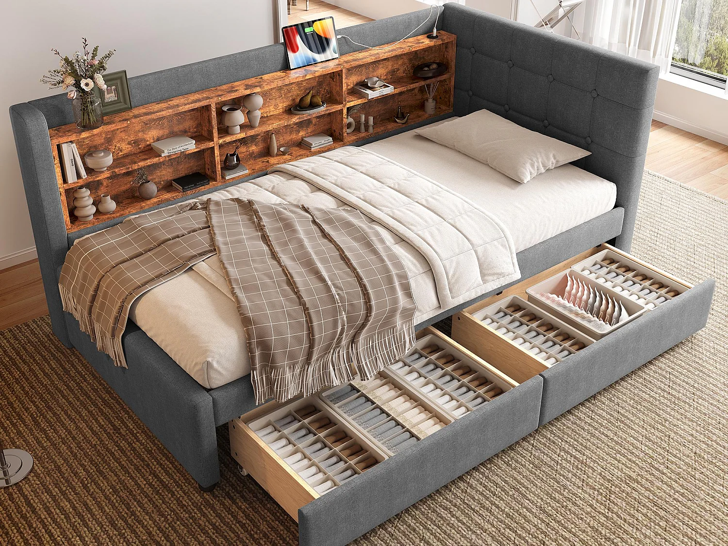 Canapé-lit 90x200 cm - avec 2 tiroirs - port USB + Type C - avec compartiment de rangement - lin - beige (matelas non inclus)