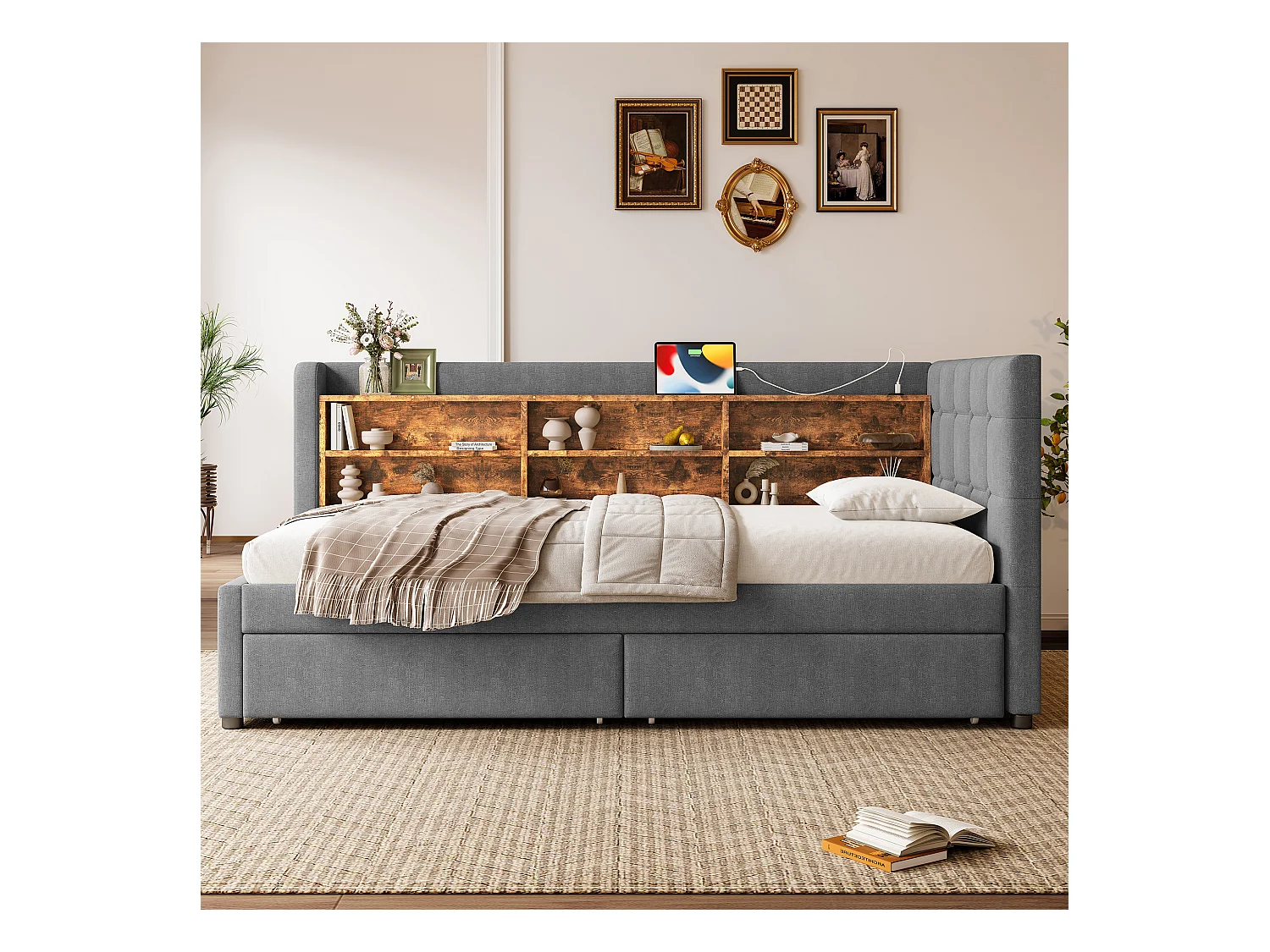 Canapé-lit 90x200 cm - avec 2 tiroirs - port USB + Type C - avec compartiment de rangement - lin - beige (matelas non inclus)