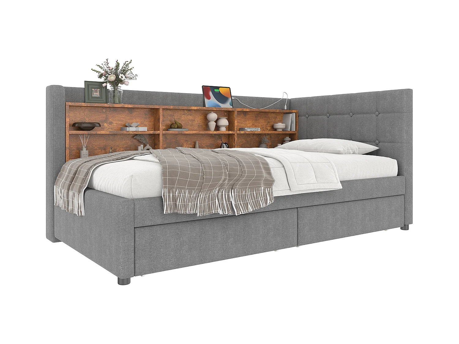 Canapé-lit 90x200 cm - avec 2 tiroirs - port USB + Type C - avec compartiment de rangement - lin - beige (matelas non inclus)