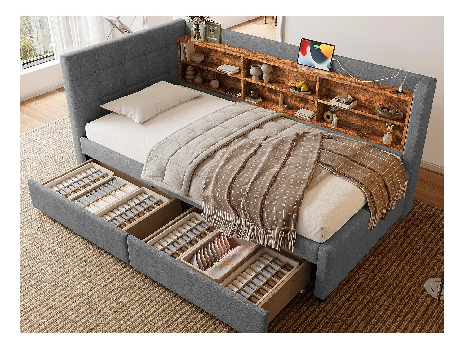 Canapé-lit 90x200 cm - avec 2 tiroirs - port USB + Type C - avec compartiment de rangement - lin - beige (matelas non inclus)