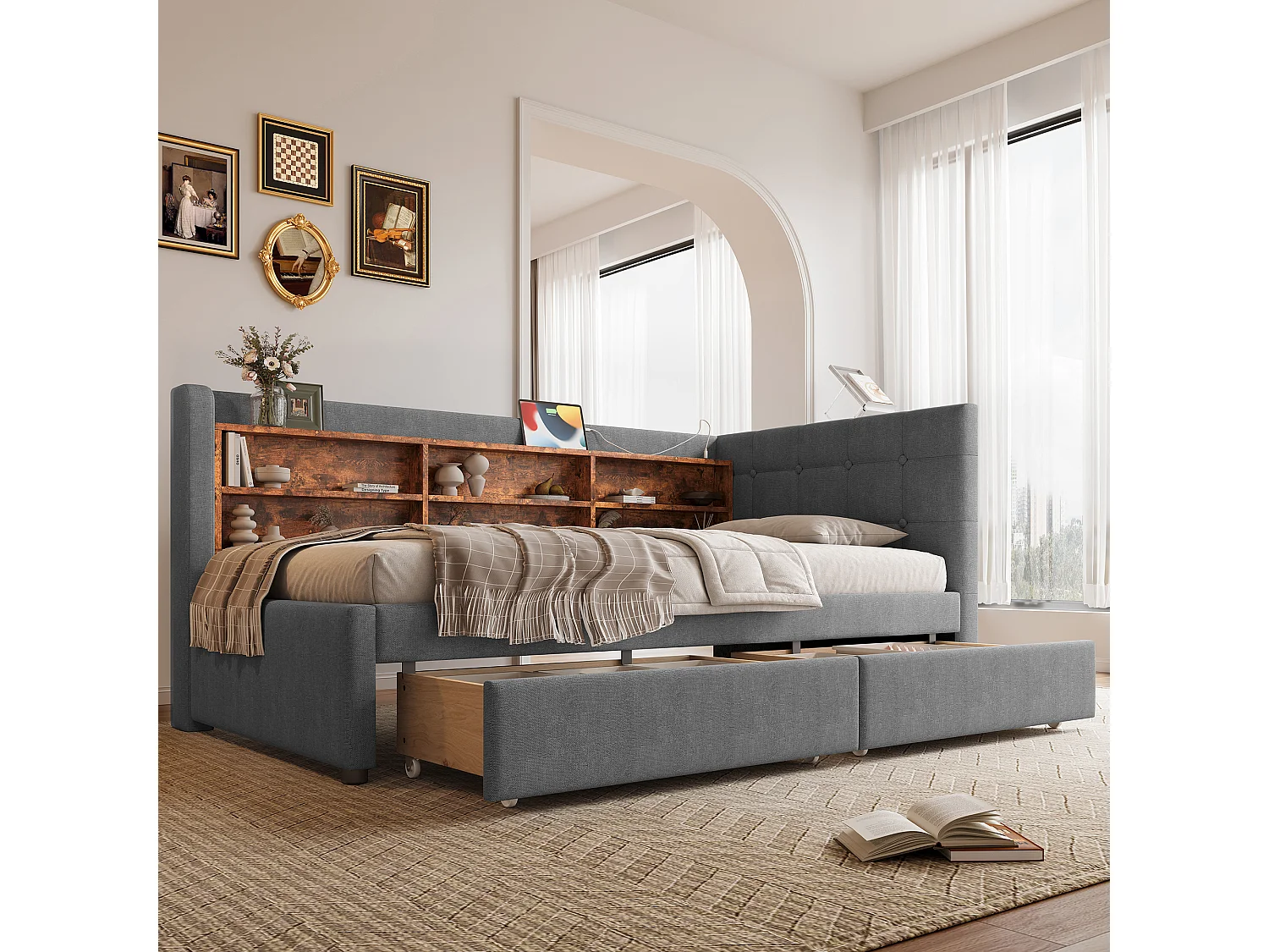 Canapé-lit 90x200 cm - avec 2 tiroirs - port USB + Type C - avec compartiment de rangement - lin - beige (matelas non inclus)