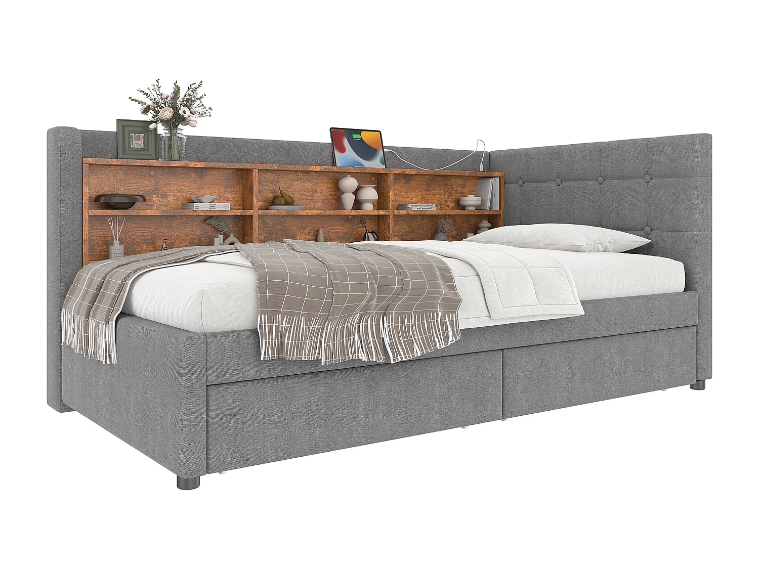 Canapé-lit 90x200 cm - avec 2 tiroirs - port USB + Type C - avec compartiment de rangement - lin - beige (matelas non inclus)