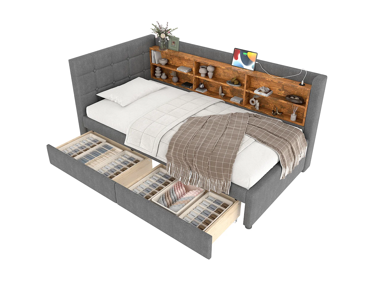 Schlafsofa 90×200 cm - mit 2 Schubladen - USB + Type-C Anschluss - mit Staufach - Leinen - grau (Matratze nicht inbegriffen)