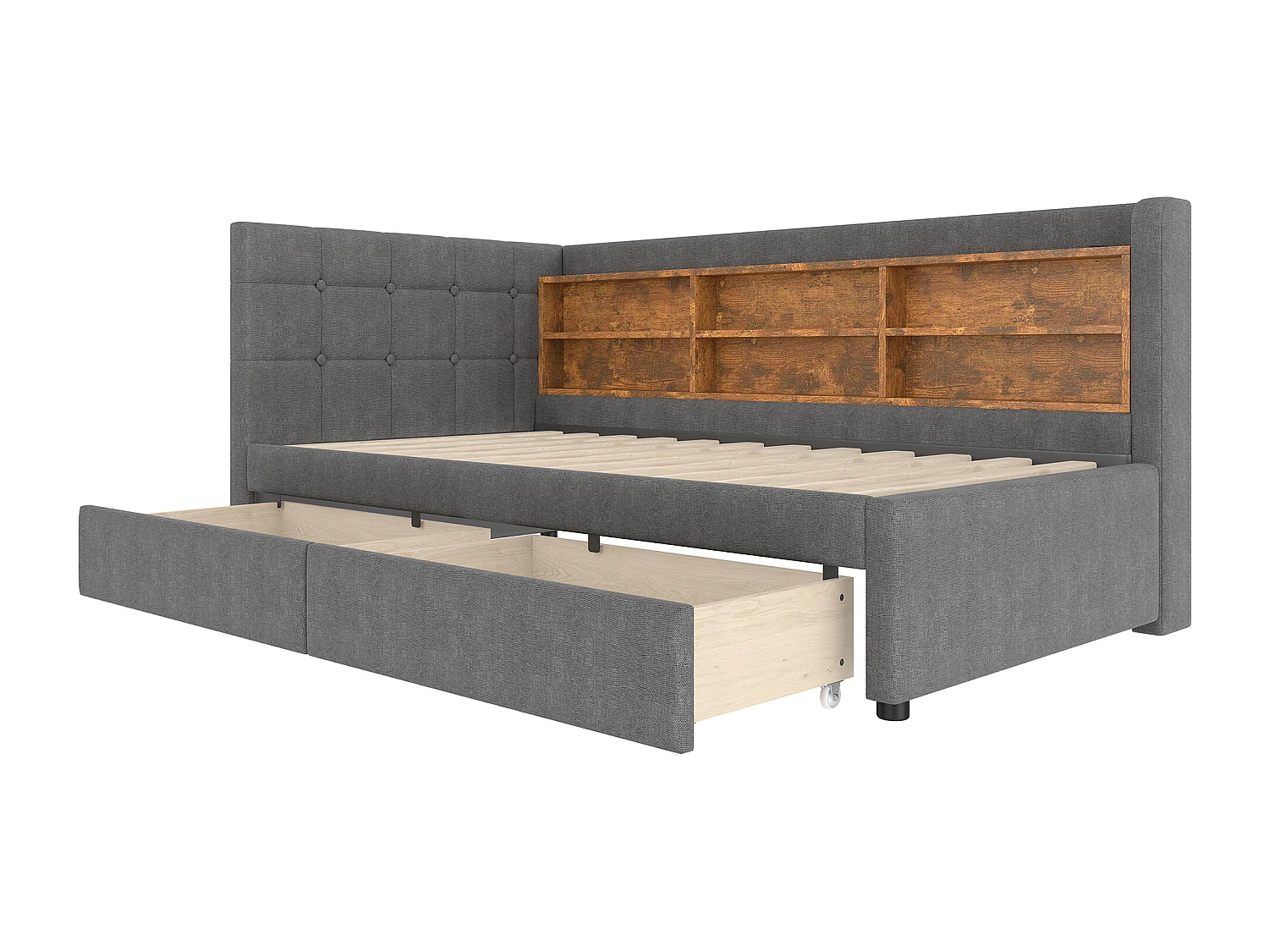 Schlafsofa 90×200 cm - mit 2 Schubladen - USB + Type-C Anschluss - mit Staufach - Leinen - grau (Matratze nicht inbegriffen)