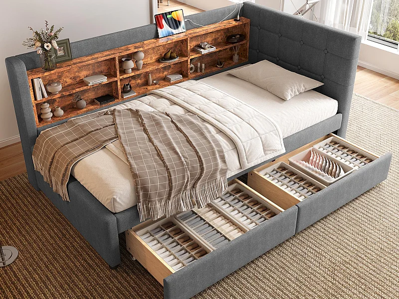 Canapé-lit 90x200 cm - avec 2 tiroirs - port USB + Type C - avec compartiment de rangement - lin - beige (matelas non inclus)