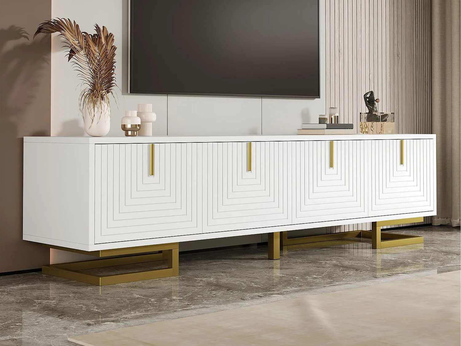 Meuble TV 160x38x44.5 cm - 4 portes - Poignées et pieds dorés - Panneaux de particules - Blanc