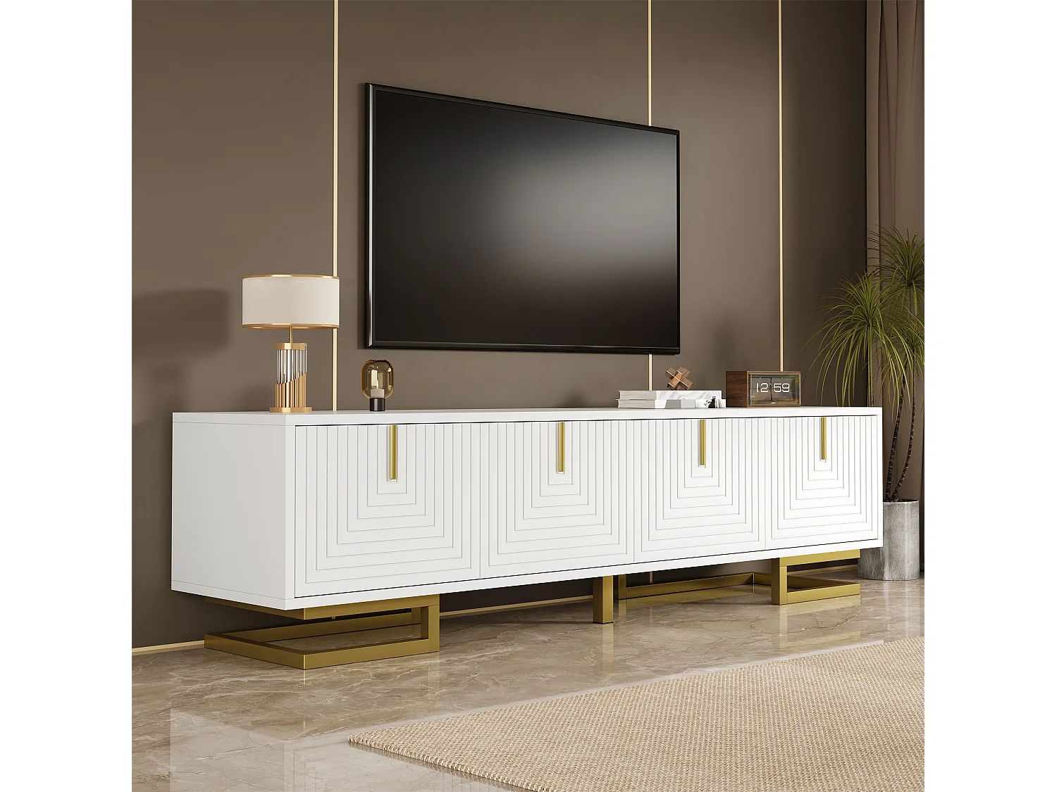 Meuble TV 160x38x44.5 cm - 4 portes - Poignées et pieds dorés - Panneaux de particules - Blanc