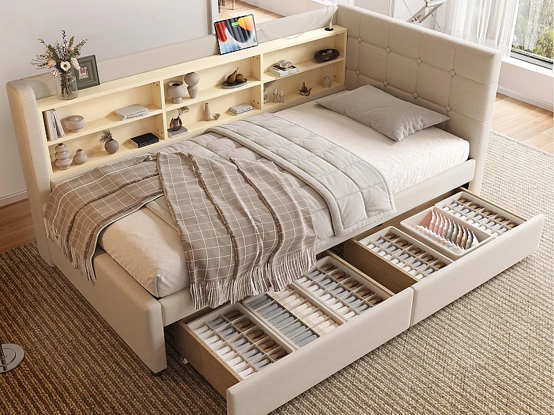 Canapé-lit 90x200 cm - avec 2 tiroirs - port USB + Type C - avec compartiment de rangement - lin - beige (matelas non inclus)