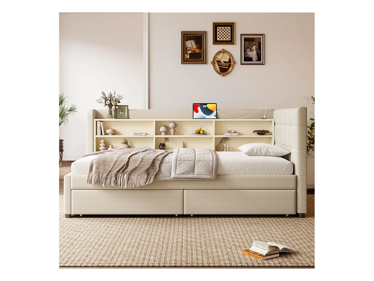 Canapé-lit 90x200 cm - avec 2 tiroirs - port USB + Type C - avec compartiment de rangement - lin - beige (matelas non inclus)