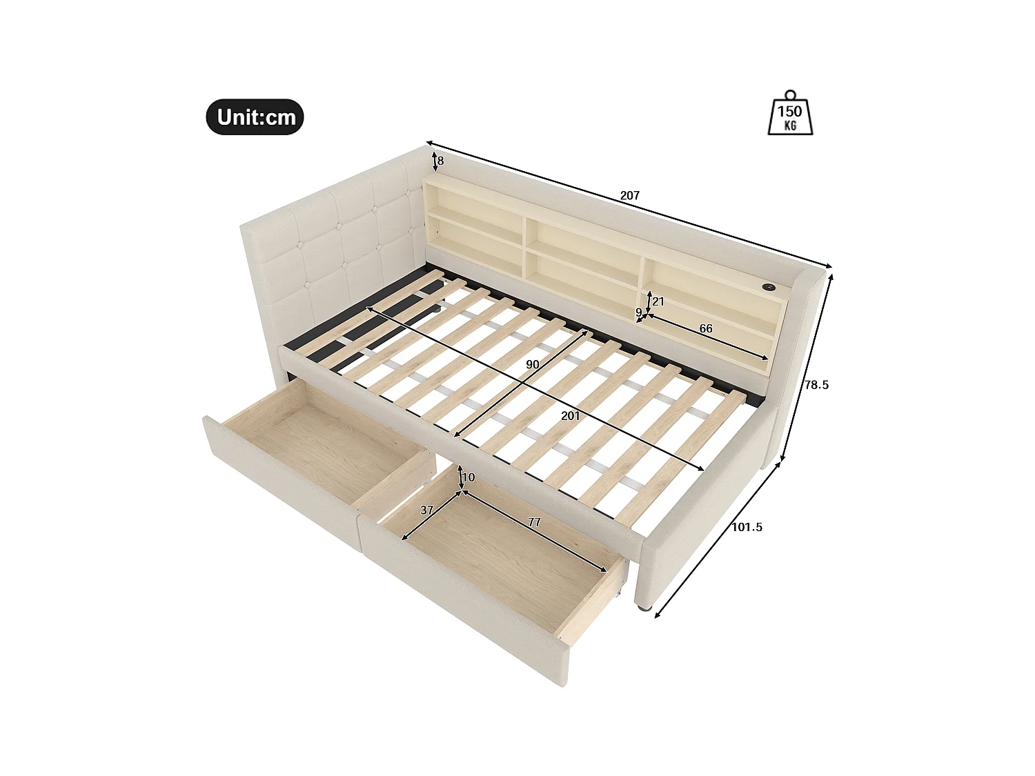 Canapé-lit 90x200 cm - avec 2 tiroirs - port USB + Type C - avec compartiment de rangement - lin - beige (matelas non inclus)