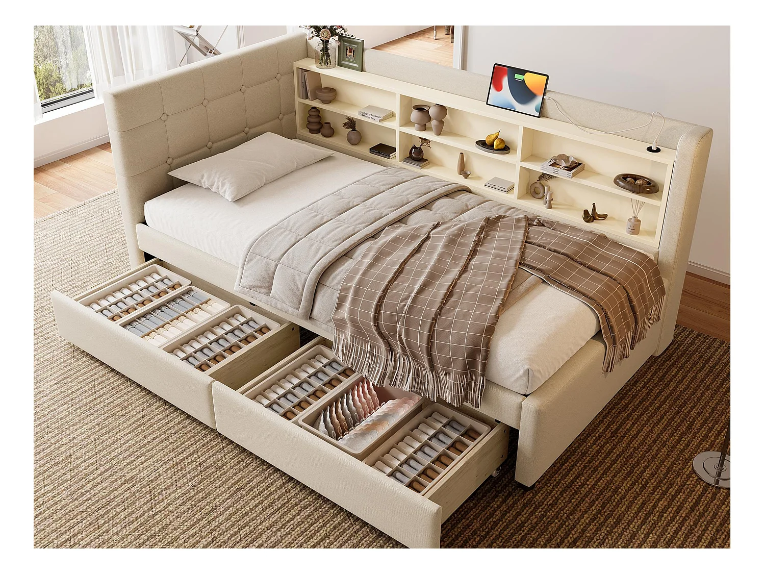 Canapé-lit 90x200 cm - avec 2 tiroirs - port USB + Type C - avec compartiment de rangement - lin - beige (matelas non inclus)