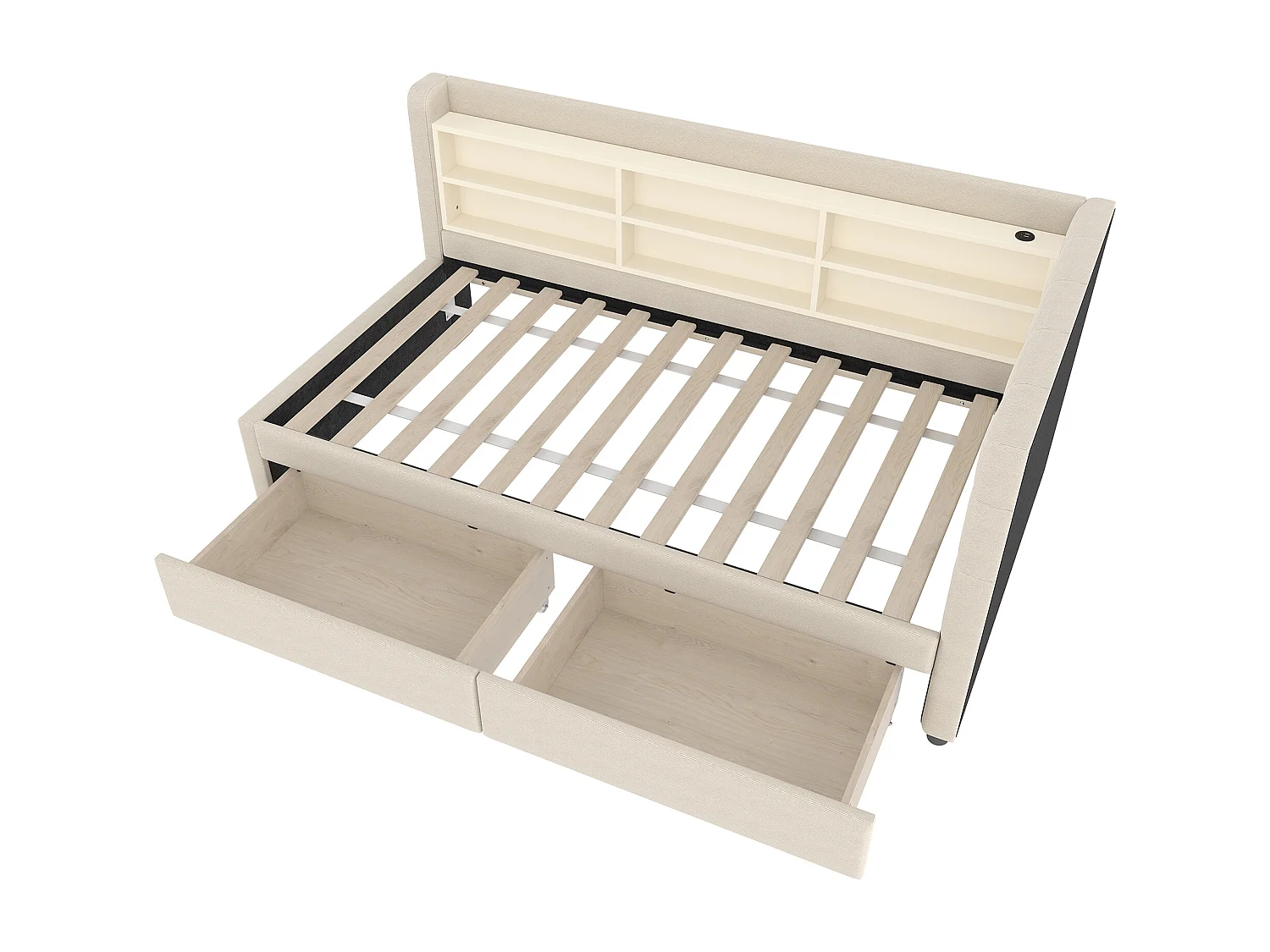 Canapé-lit 90x200 cm - avec 2 tiroirs - port USB + Type C - avec compartiment de rangement - lin - beige (matelas non inclus)