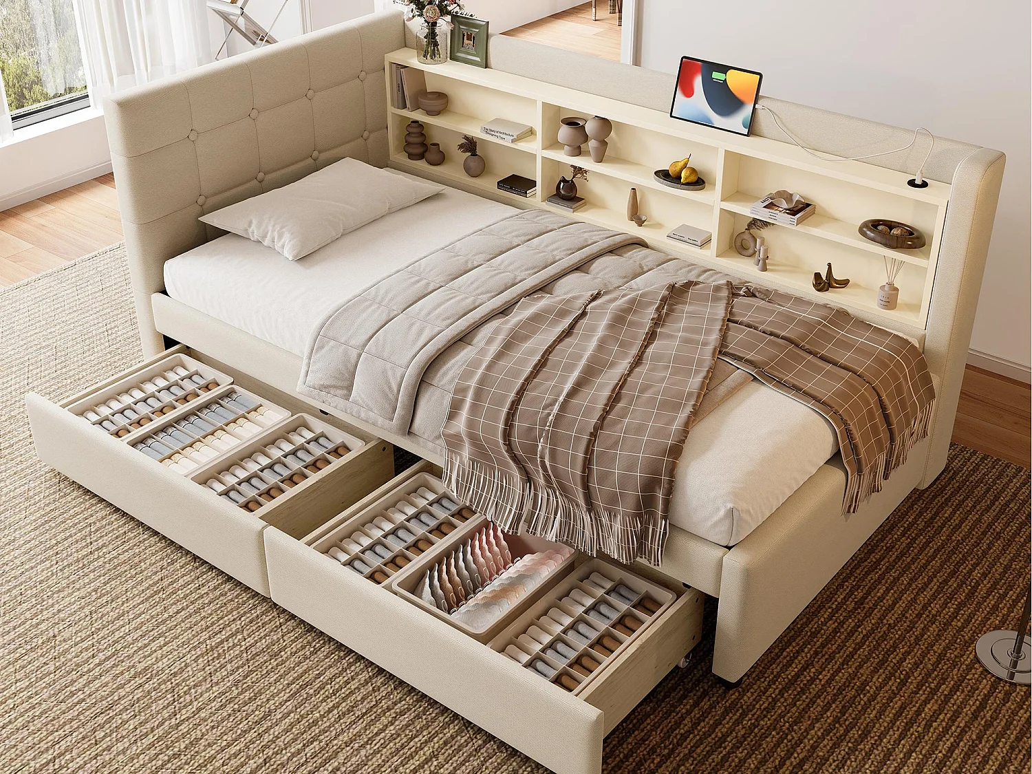 Slaapbank 90×200 cm - met 2 laden - USB + Type-C aansluiting - met opbergvak - linnen - beige (matras niet inbegrepen)