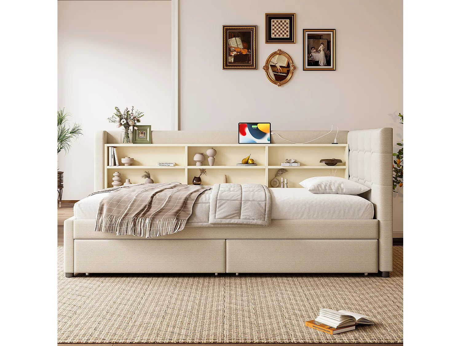 Slaapbank 90×200 cm - met 2 laden - USB + Type-C aansluiting - met opbergvak - linnen - beige (matras niet inbegrepen)