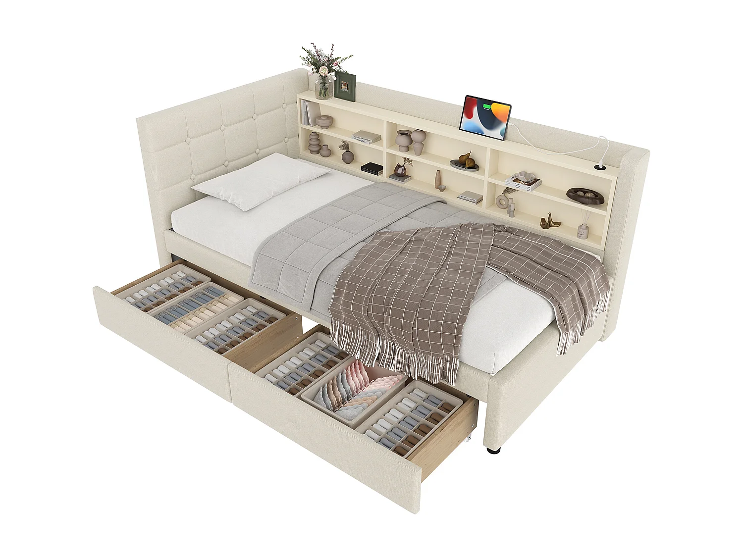 Slaapbank 90×200 cm - met 2 laden - USB + Type-C aansluiting - met opbergvak - linnen - beige (matras niet inbegrepen)