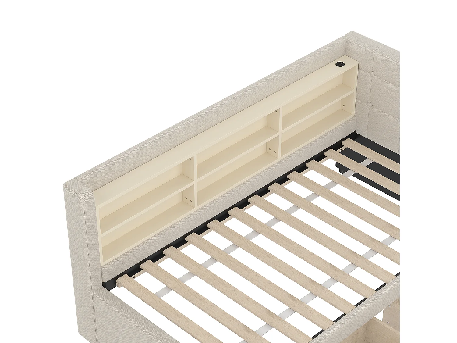 Slaapbank 90×200 cm - met 2 laden - USB + Type-C aansluiting - met opbergvak - linnen - beige (matras niet inbegrepen)