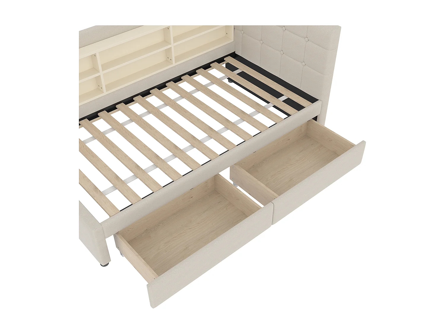 Slaapbank 90×200 cm - met 2 laden - USB + Type-C aansluiting - met opbergvak - linnen - beige (matras niet inbegrepen)