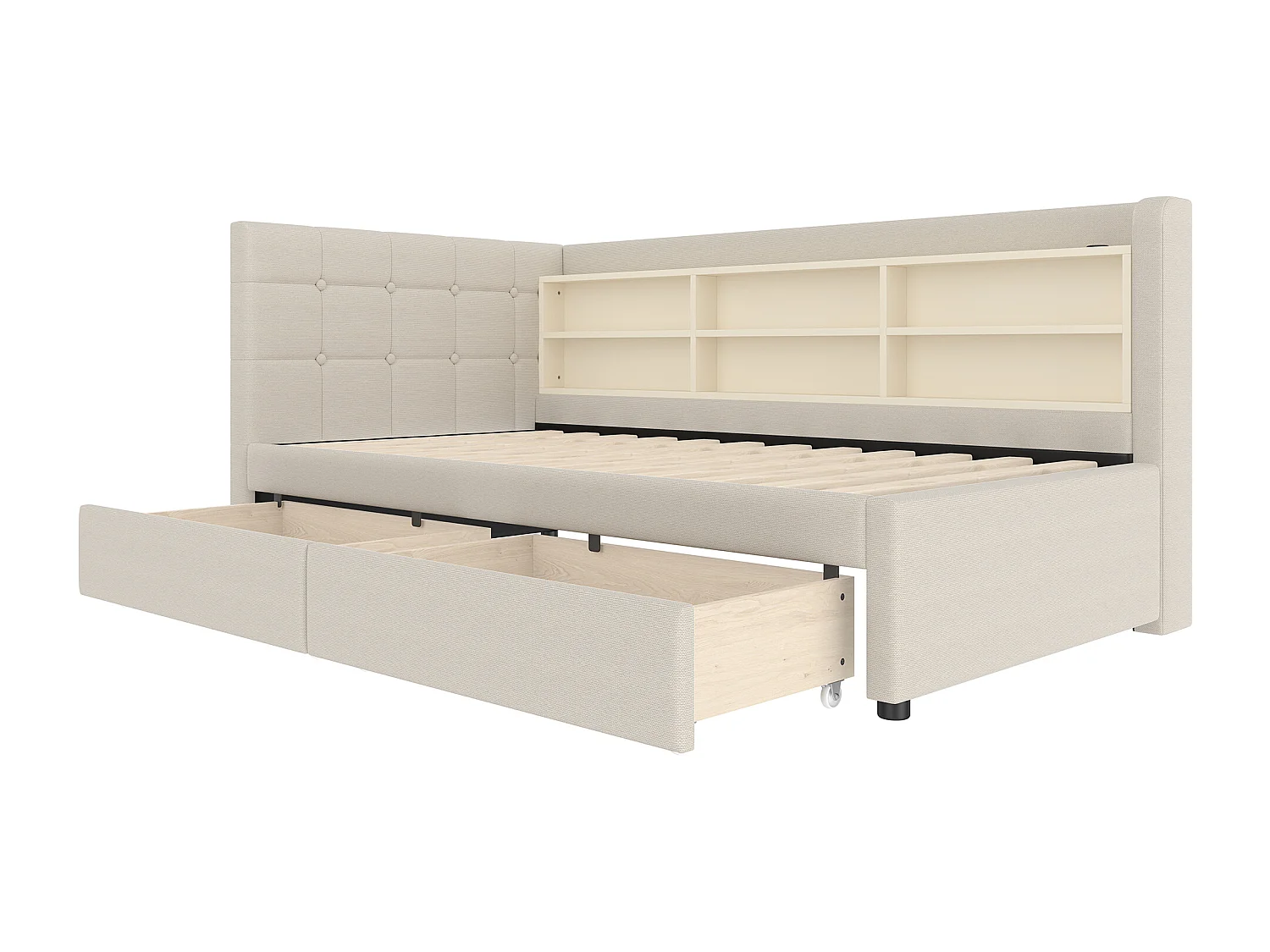 Slaapbank 90×200 cm - met 2 laden - USB + Type-C aansluiting - met opbergvak - linnen - beige (matras niet inbegrepen)